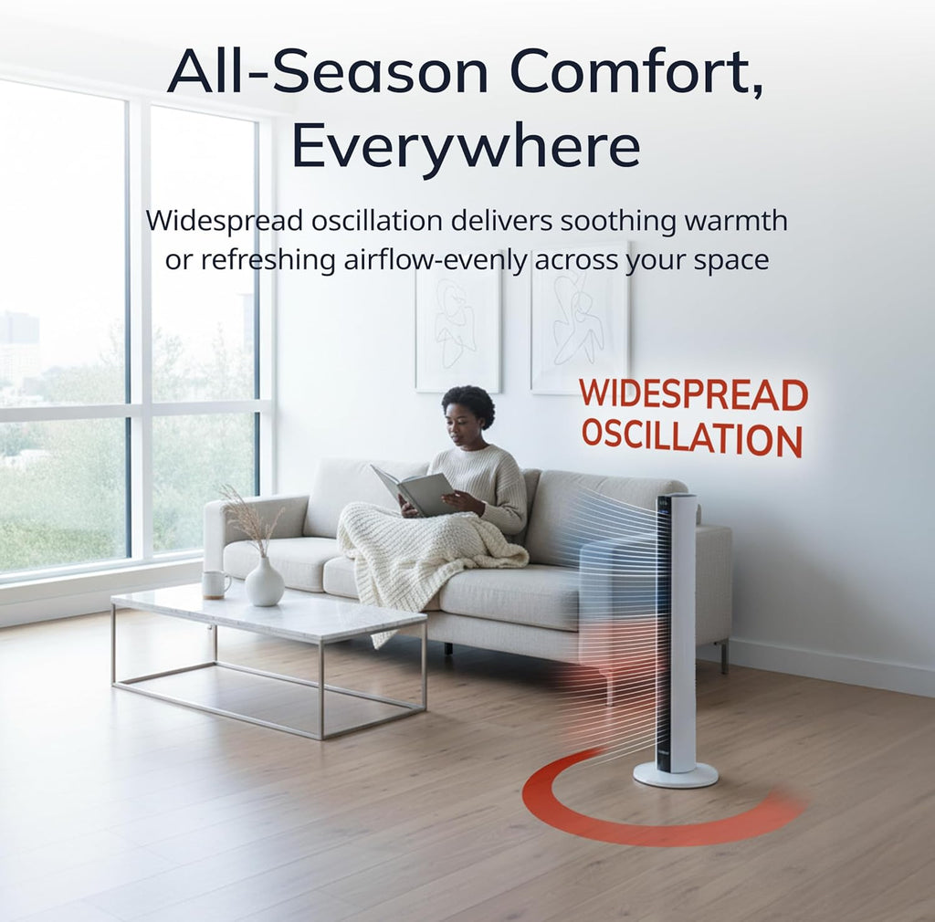 Lasko Oscillating All Season Tower Fan and Space Heater in One for Home with Adjustable Thermostat, Overheat Protection, 4 Fan Speeds, 3 Heat Settings and Remote, 42 Inches, 1500W, White, FH500