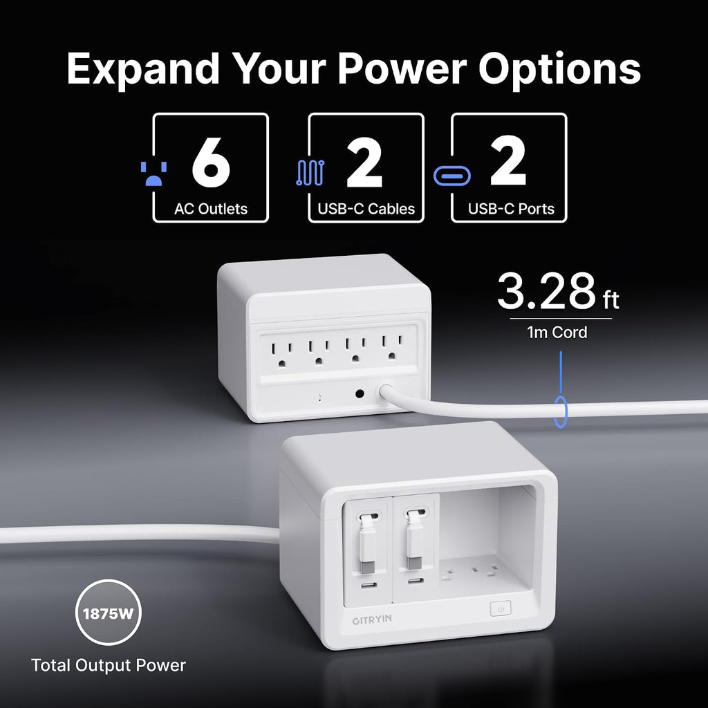 Gitryin 10-in-1 Desktop Charging Station with 2 Retractable Wall Chargers, 40W USB-C Power Strip with 6 AC, 2 USB C, 2 Type-C 33.5in Cables, Extension Cord with 1020J Surge Protection for Home Office