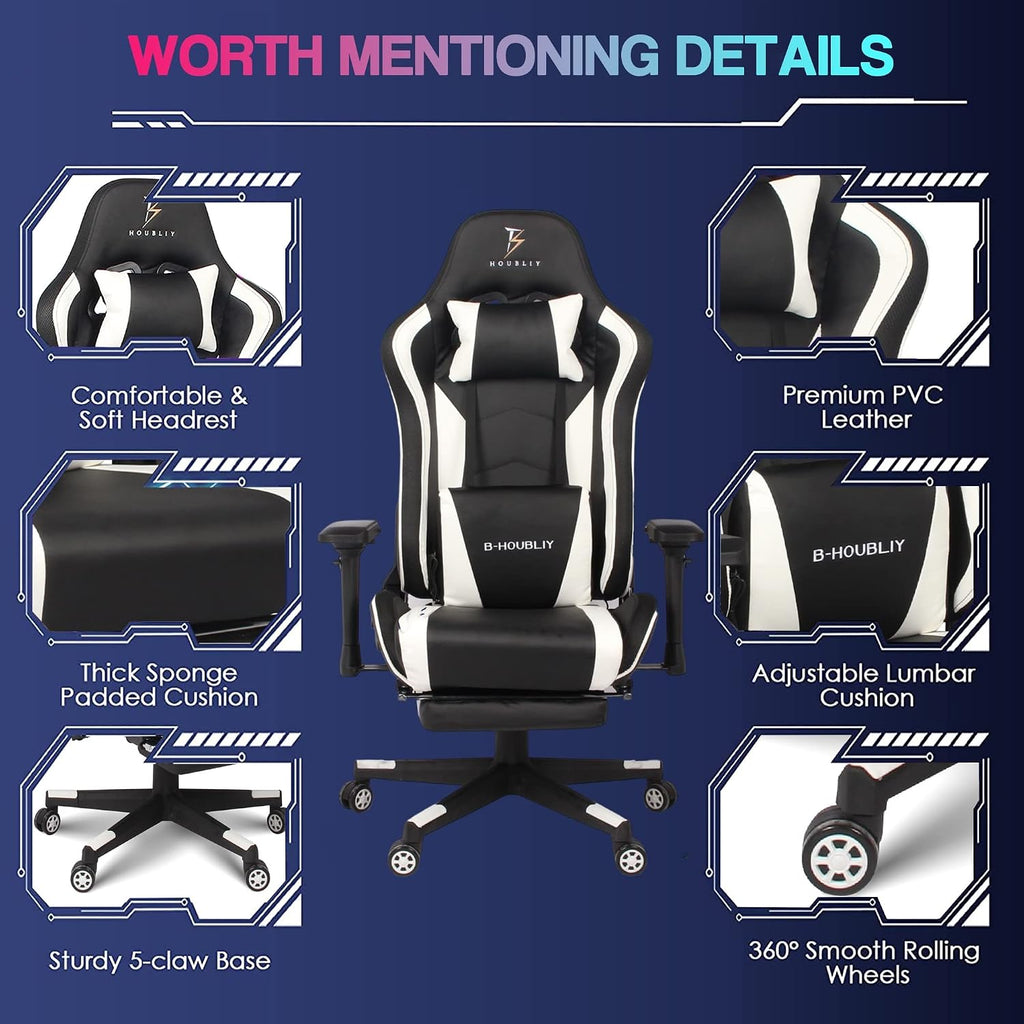 Gaming Chair for Adult with Footrest and 7-Point Massage Video Game Chair with Speakers and LED Lights PU Leather Ergonomic Racing Computer Chairs Lumbar Support and 4D Armrest,Black
