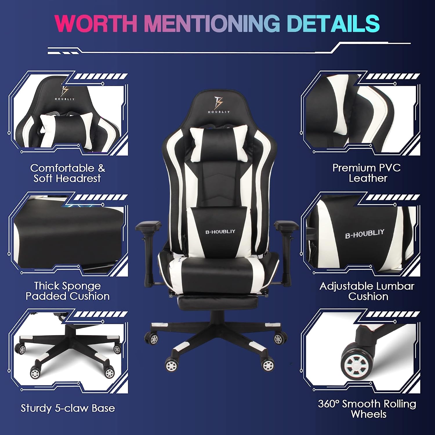 Gaming Chair for Adult with Footrest and 7-Point Massage Video Game Chair with Speakers and LED Lights PU Leather Ergonomic Racing Computer Chairs Lumbar Support and 4D Armrest,Black