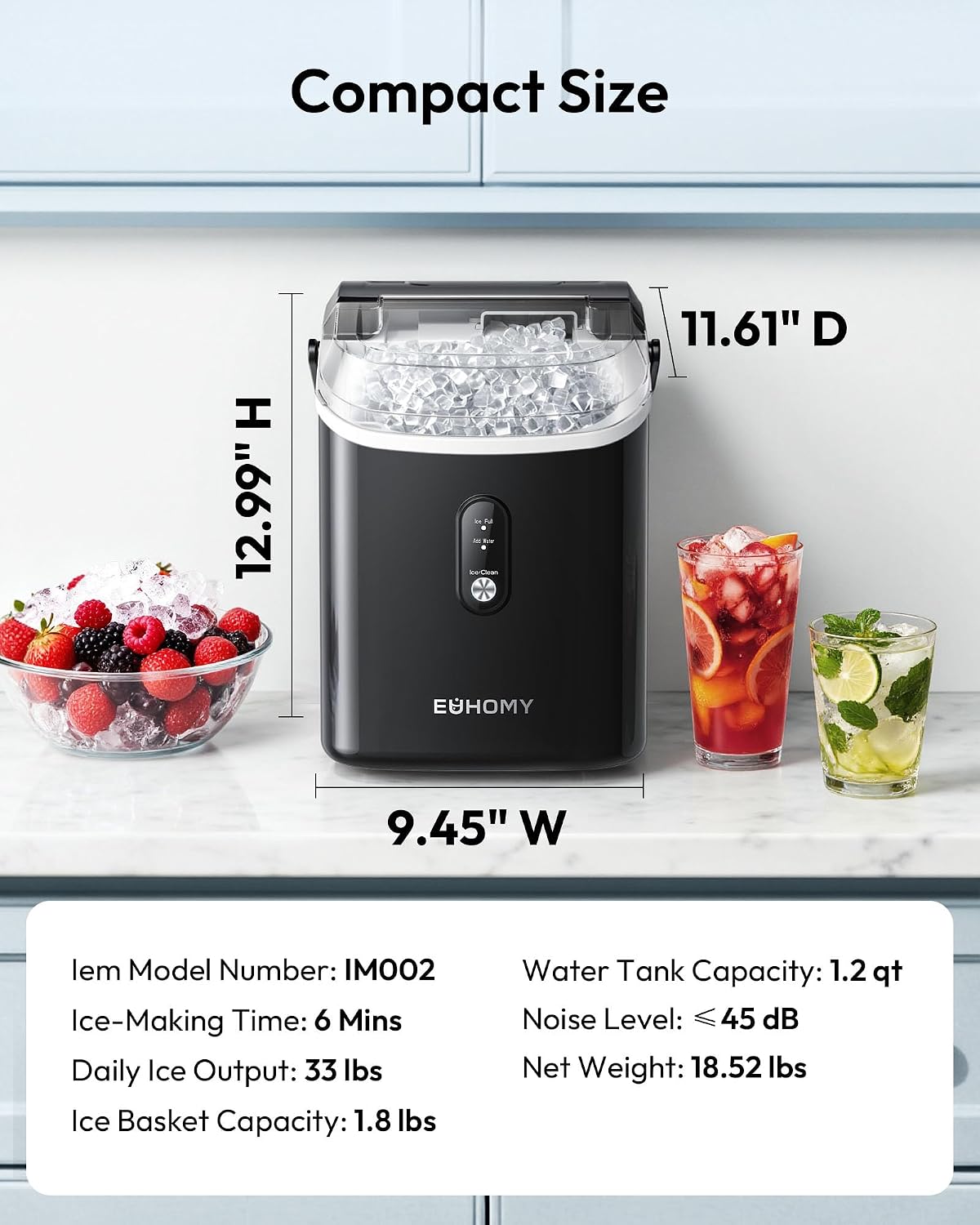 EUHOMY Nugget Ice Maker Countertop with Handle, Ready in 6 Mins, 34lbs Per Day, Removable Top Cover, Self-Cleaning, Portable Sonic Ice Maker with Basket and Scoop, for Home/Party/RV/Camping(Black)