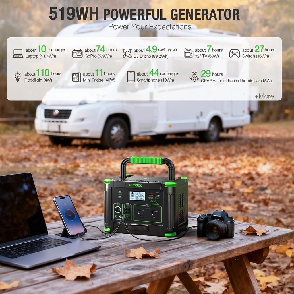 500W Portable Power Station, 519.48Wh Outdoor Solar Generator Backup Battery Pack with 2 110V AC Outlets, 500W (Peak 1000W) 10-Port Powerhouse for RV/Van Camping Fishing Climbing Road Home Emergency