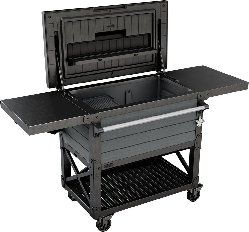 Keter 89.8 Qt Portable Outdoor Patio Cooling Chest, Ice Chest Beverage Party Bar Cart Table with Swivel Wheels, Shelves, and Bottle Opener, Graphite