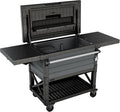 Keter 89.8 Qt Portable Outdoor Patio Cooling Chest, Ice Chest Beverage Party Bar Cart Table with Swivel Wheels, Shelves, and Bottle Opener, Graphite