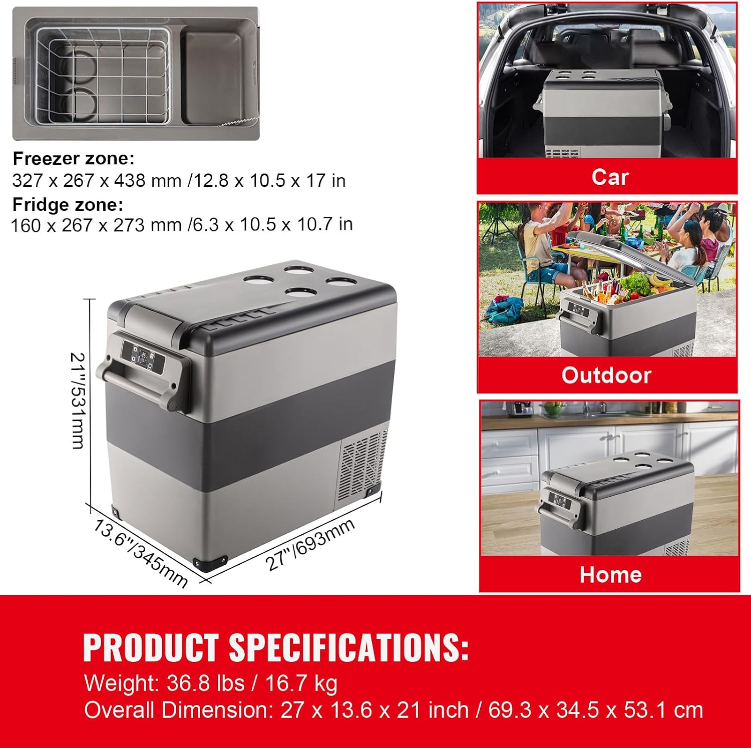 Happybuy 12 Volt Refrigerator, 58 Qt Dual Zone Portable Freezer with 12/24V DC and 110-240V AC, for Vehicles & Home, Compressor Cooler
