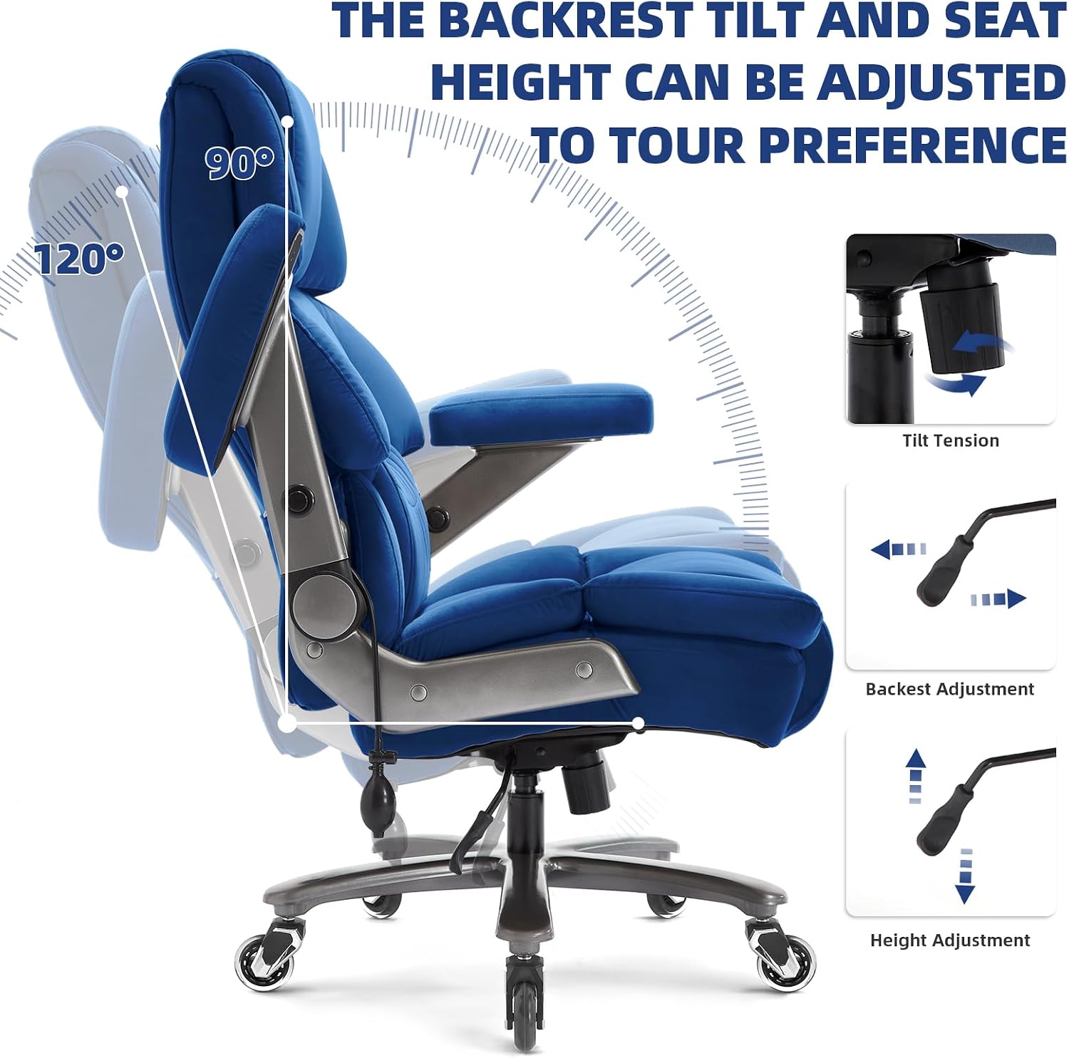 VUZI 700LBS Large Heavy Duty Office Chair with 3D Flip Arms, Big and Tall Plus Size Fabric Executive Desk Chairs, High Back Extra Wide Computer Chair with Adjustable Lumbar Support, Sturdy Metal Base