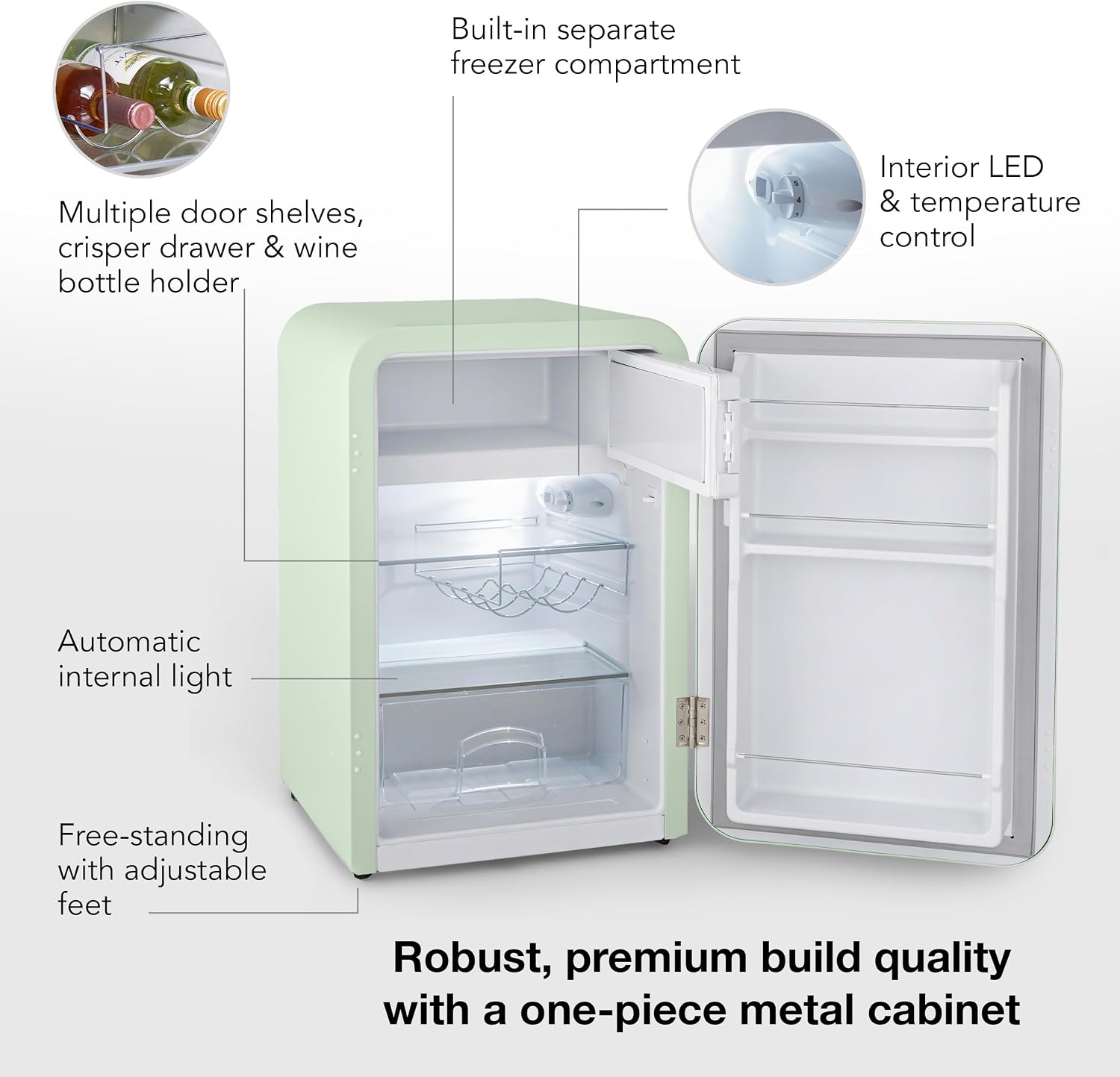 Cooluli Curve 3.8 cu ft Mini Fridge with Freezer - Small Refrigerator for Bedroom, Office, Dorm Room (Green, 3.2 cu.ft Refrigerator, 0.6 Freezer)