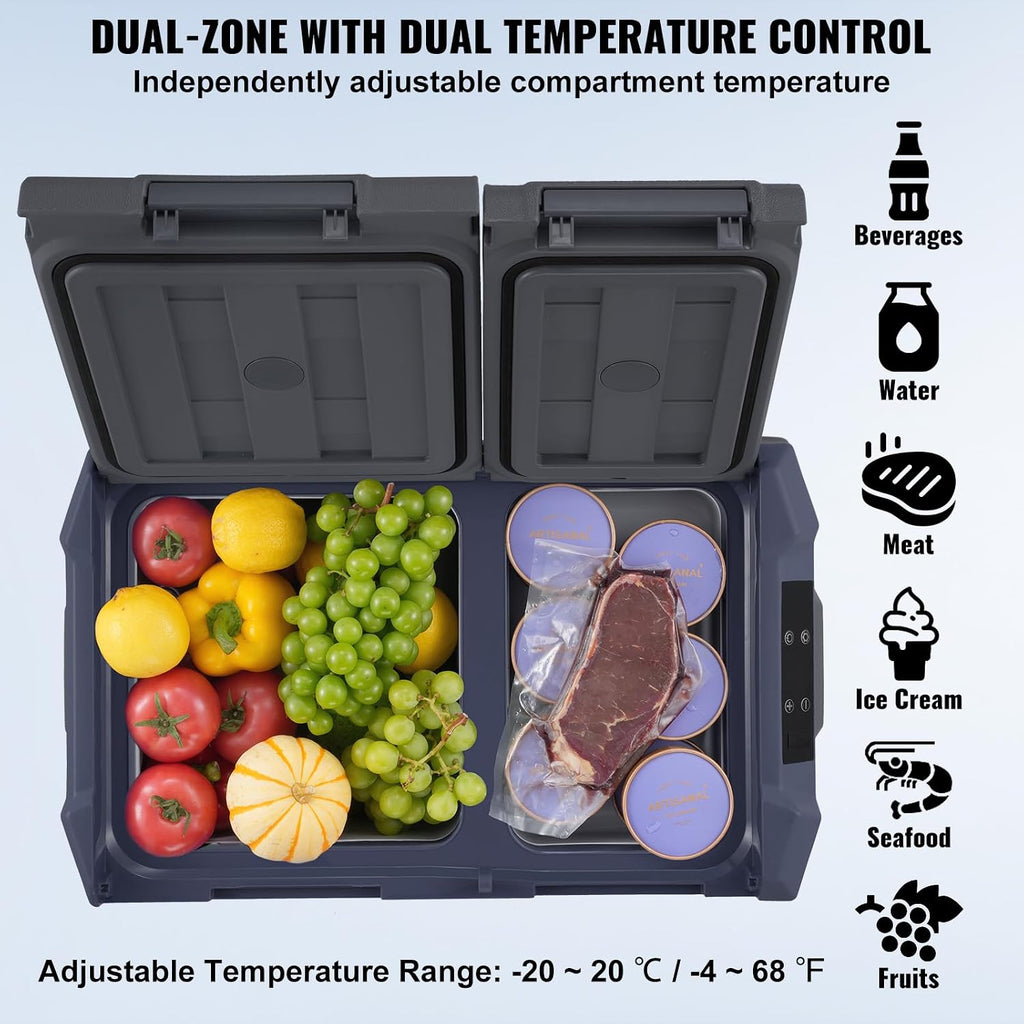 Happybuy 40L Car Refrigerator, 12V Dual Zone Fridge, Portable Freezer, -4℉-68℉ Adjustable Range, 12/24V DC & 100-240V AC Compressor Cooler for Outdoor, Camping, RV