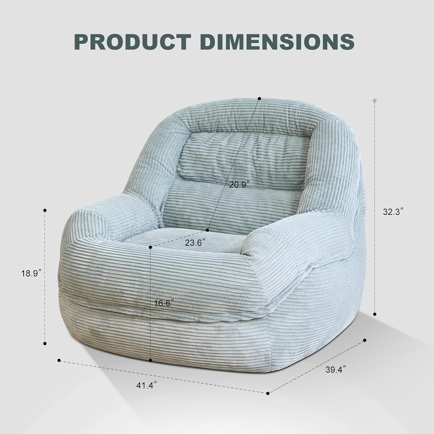 Giant Bean Bag Chair with Armrests - Oversized Cozy Seating for Adults, Corduroy Fabric & High-Resilience Foam Filling, Ideal Lounge for Living Room, Bedroom & Gaming Room (Mint Green)