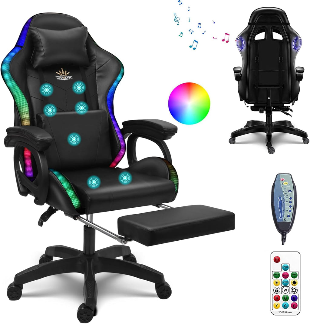Massage Gaming Chair with Speakers Video Game Chair with RGB LED Lights Ergonomic Racing Office Chair PU Leather Recliner Computer Chair Swivel Chair with Headrest Armrest Lumbar Support,Black