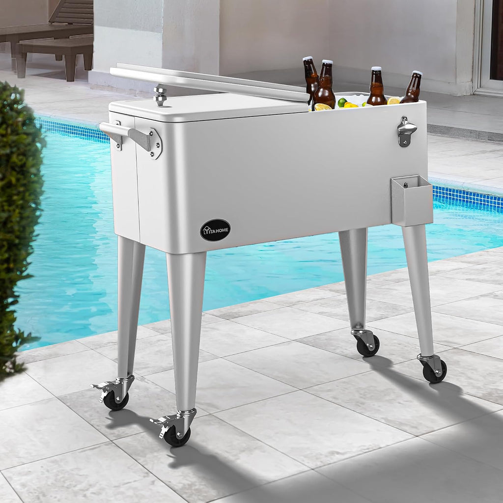 YITAHOME 80 Quart Patio Cooler Cart with Bottle Opener Drainage, Portable Rolling Beverage Cart for Pool Deck Party Cookouts