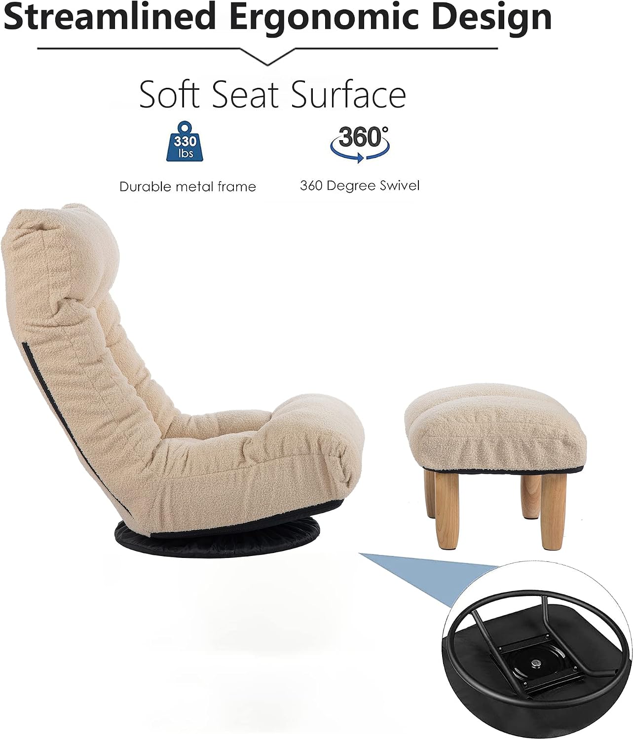 Swivel Lazy Floor Chair with Ottoman, Adjustable Reclining Floor Lounger with Back Support, Comfy Tatami Sofa Seat for Adults Bedroom & Gaming