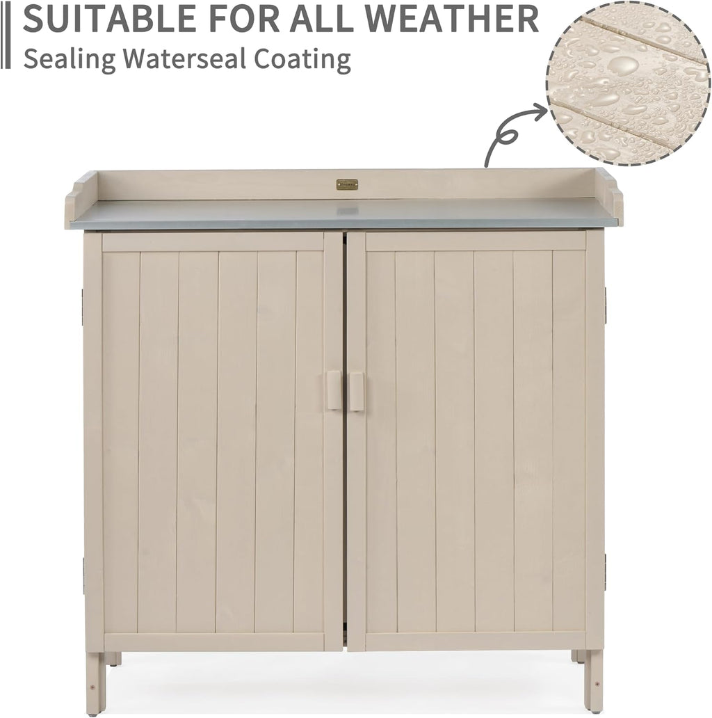 HABAU Outdoor Storage Cabinet with Potting Bench & Metal Tabletop, Wooden Planting Workstation for Garden Patio, Weatherproof