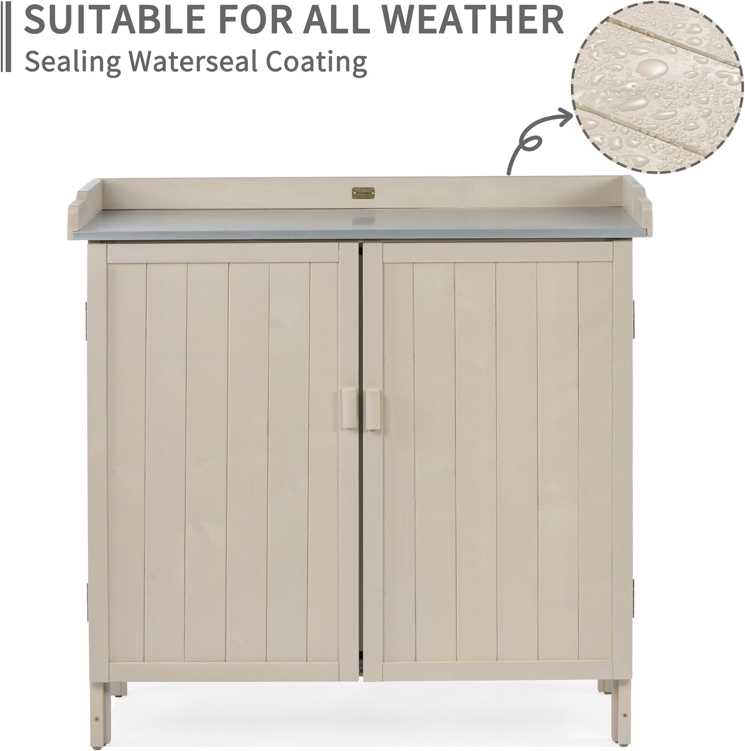 HABAU Outdoor Storage Cabinet with Potting Bench & Metal Tabletop, Wooden Planting Workstation for Garden Patio, Weatherproof