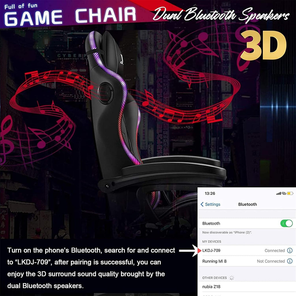 Massage Gaming Chair Racing Computer Desk Office Chair,with speakers and LED Linghts, with Headrest Lumbar Support footrest and Adjustable Armrests,360° Swivel 135° Reclining , 300LB Metal Base,Black