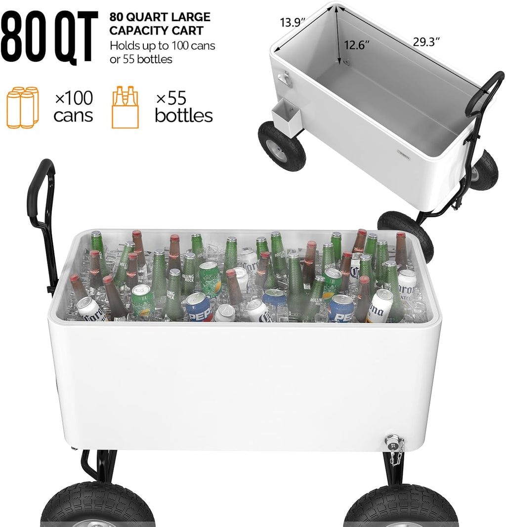 VINGLI 80 Quart Wagon Rolling Cooler Ice Chest, w/Long Handle and 10' Wheels, Portable Beach Patio Party Bar Cold Drink Beverage, Outdoor Park Cart on Wheels