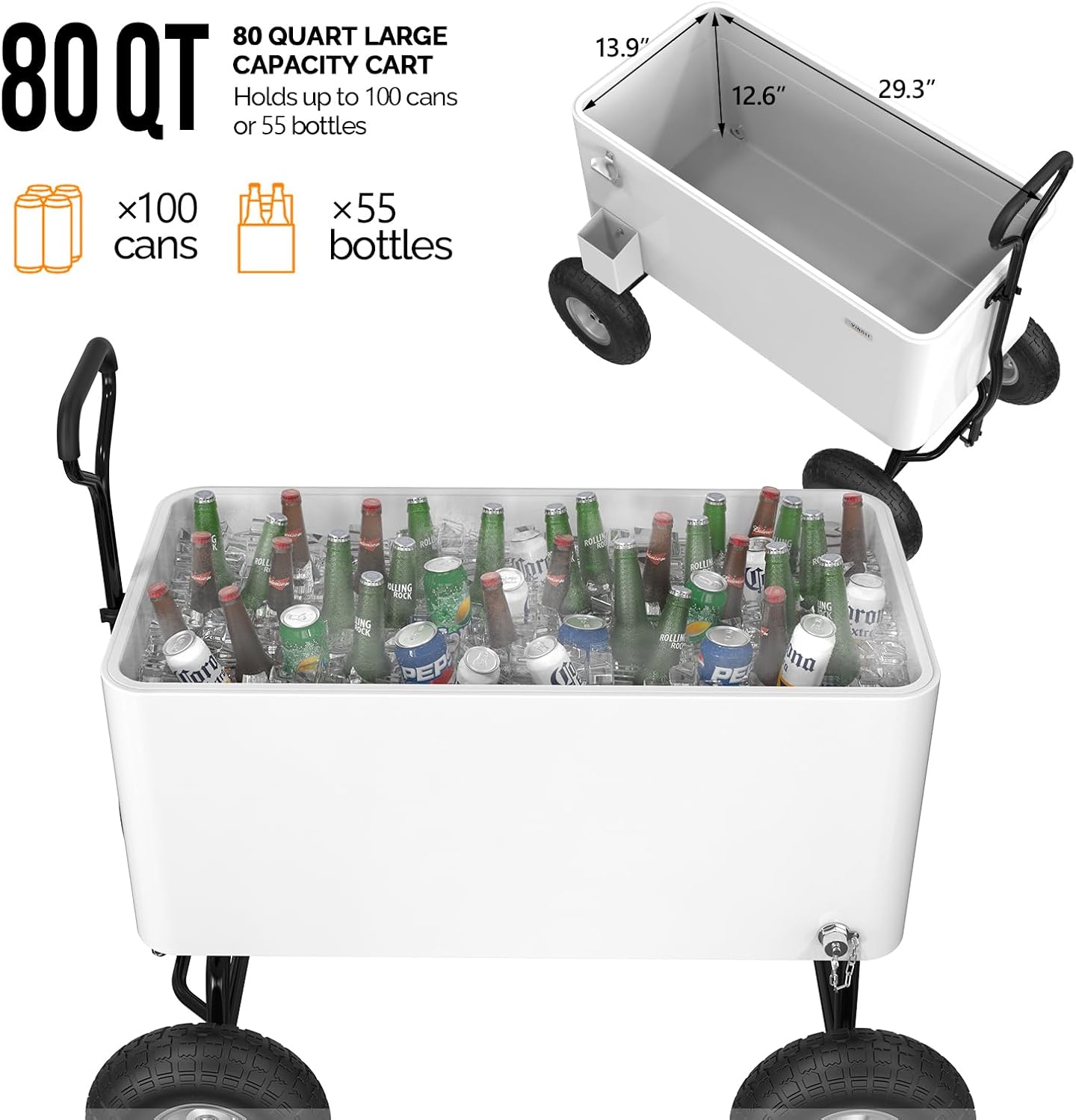 VINGLI 80 Quart Wagon Rolling Cooler Ice Chest, w/Long Handle and 10' Wheels, Portable Beach Patio Party Bar Cold Drink Beverage, Outdoor Park Cart on Wheels