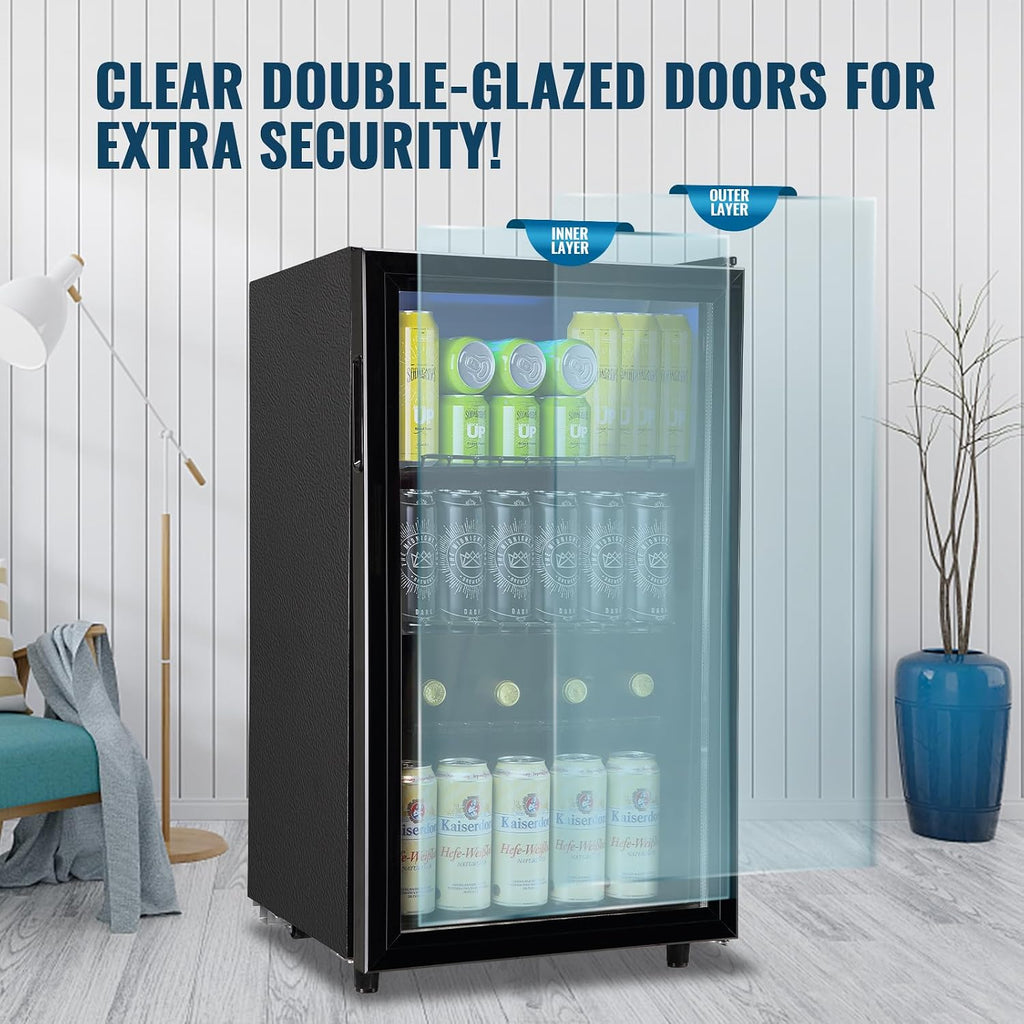 WANAI Mini Fridge Glass Door 120 Cans Beverage Refrigerator Small Wine Cooler Clear Front Drinks Fridge for Soda Beer Bar Home Office with 7 Thermostat LED Light