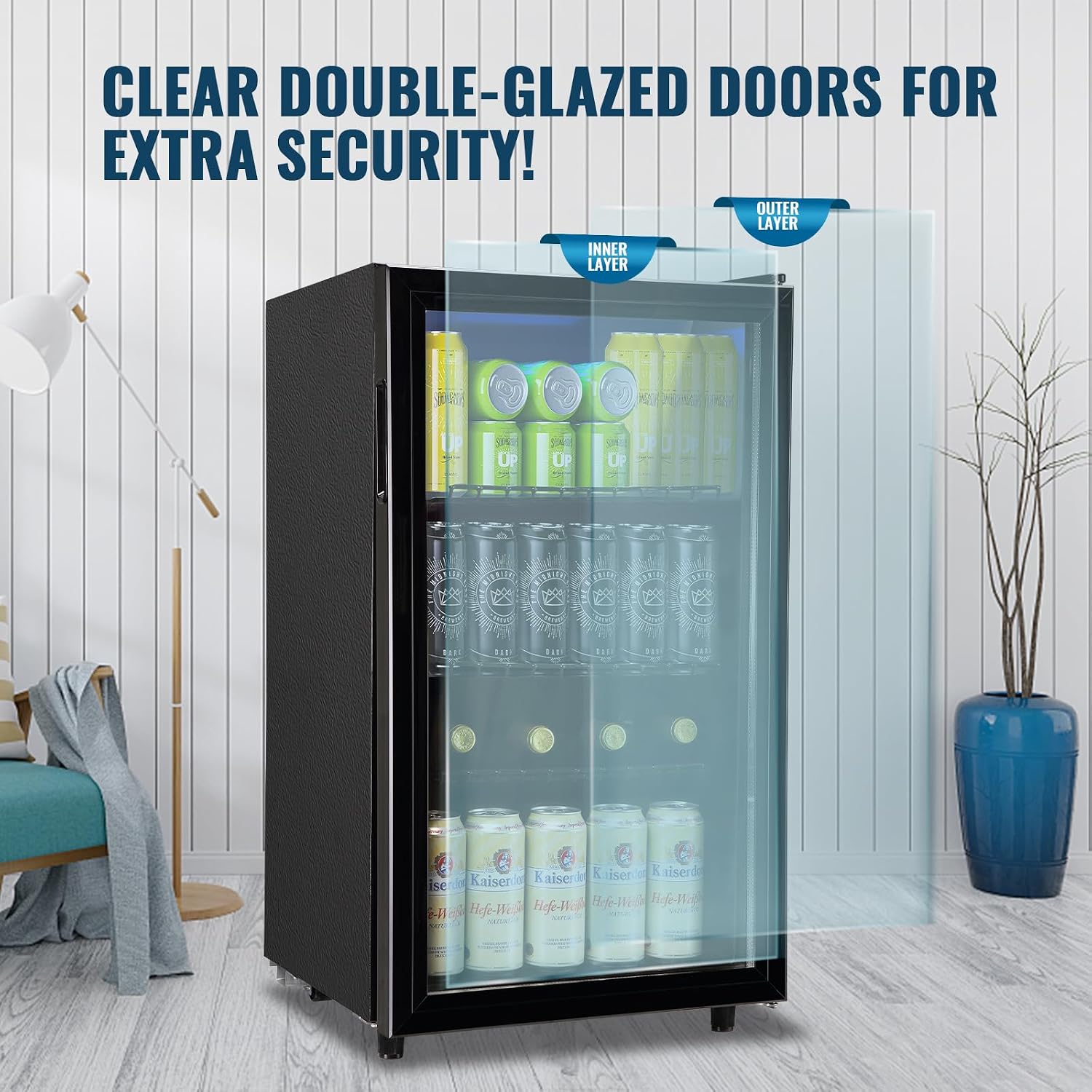 WANAI Mini Fridge Glass Door 120 Cans Beverage Refrigerator Small Wine Cooler Clear Front Drinks Fridge for Soda Beer Bar Home Office with 7 Thermostat LED Light