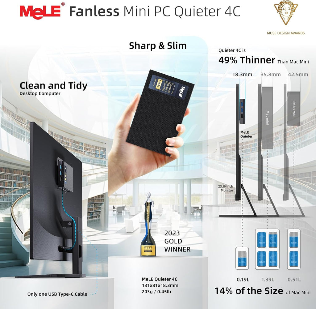MeLE Mini PC Quieter 4C - 12th Gen N100, Fanless PC, 8GB Memory, 256GB SSD Storage, 2.4/5G Wi-Fi, Full-Functional USB-C, 4K Triple Display Desktop on Home, Office, Education, Astrophotography