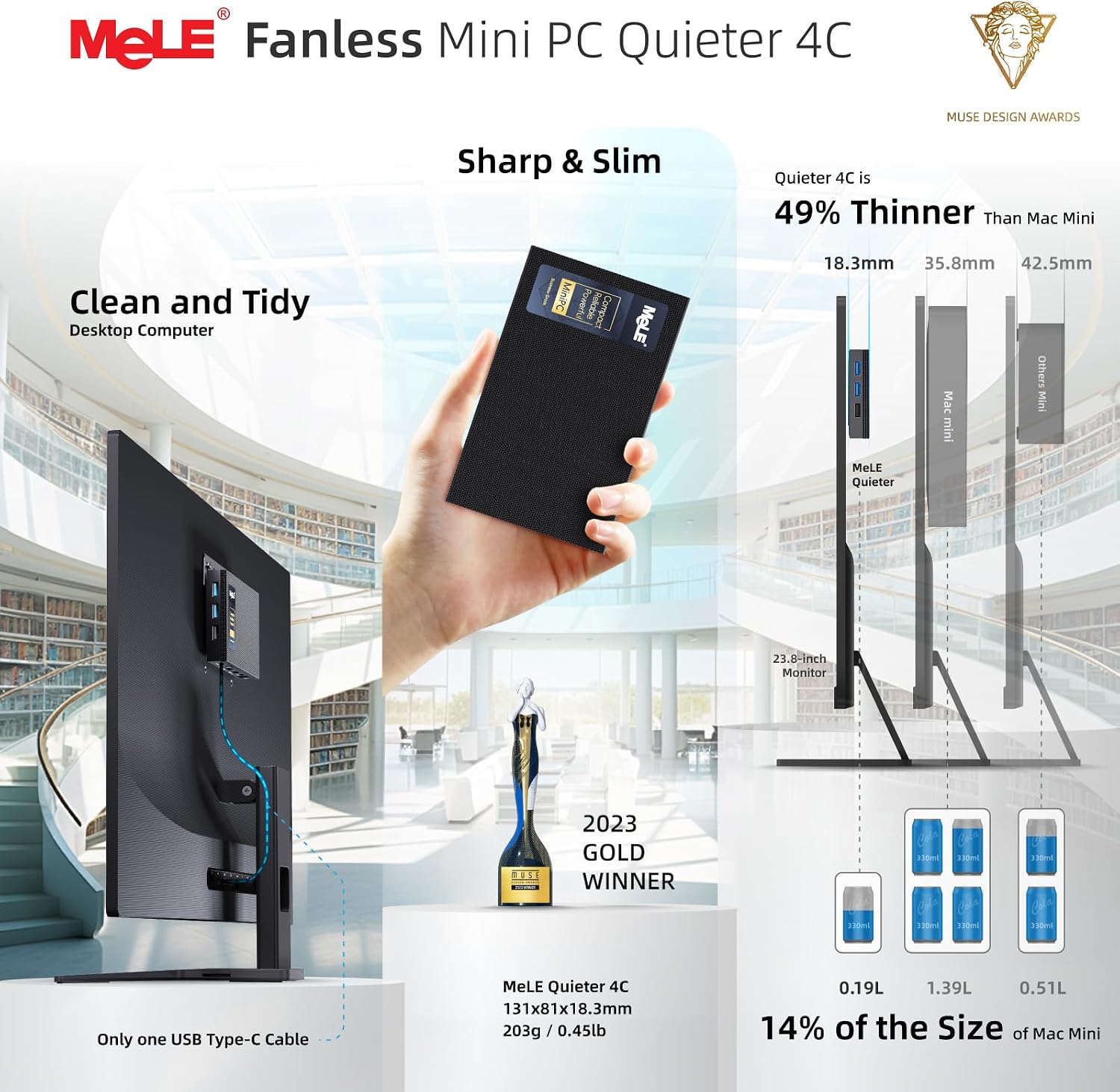 MeLE Mini PC Quieter 4C - 12th Gen N100, Fanless PC, 8GB Memory, 256GB SSD Storage, 2.4/5G Wi-Fi, Full-Functional USB-C, 4K Triple Display Desktop on Home, Office, Education, Astrophotography