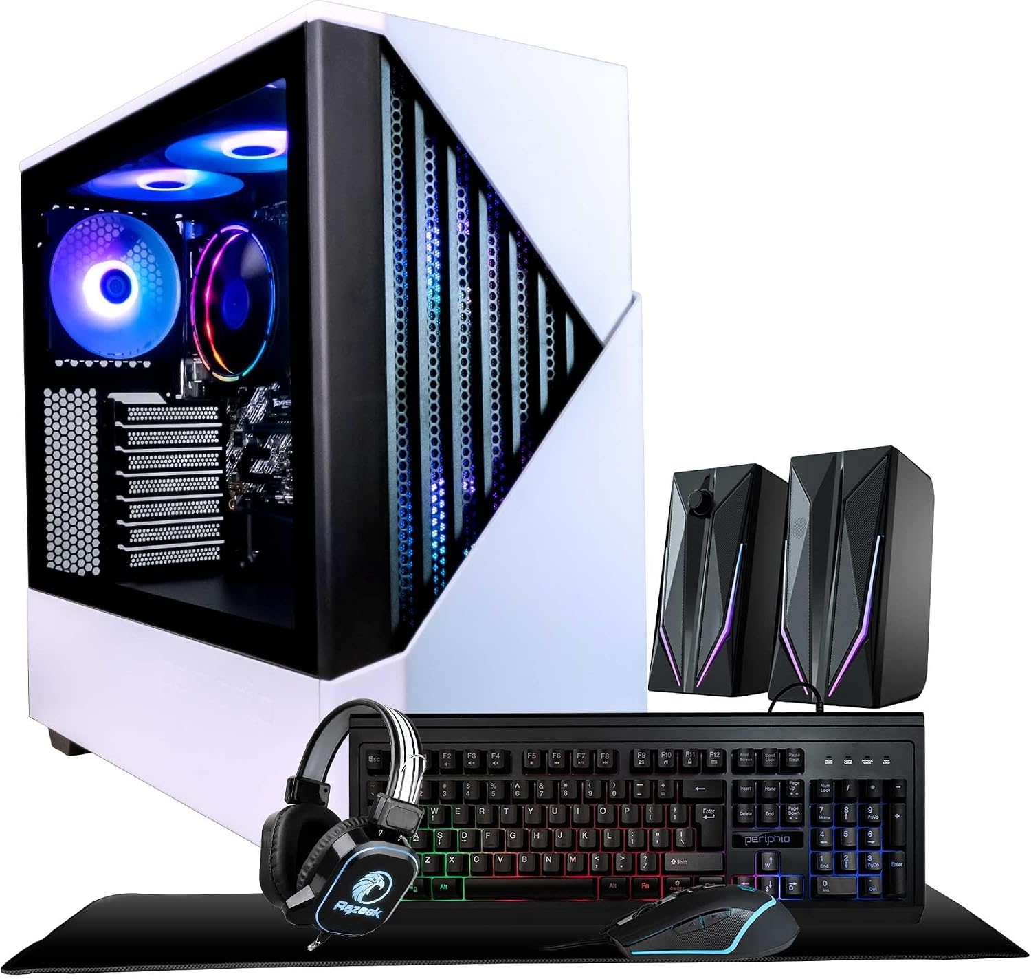 Periphio Castle Gaming PC, AMD Ryzen 5 5600GT up to 4.6GHz with Radeon Vega 7 Graphics, 32GB RAM, 1TBNVMe SSD, WiFi, Windows 11 Desktop Computer, Black, 1080p PC Gaming - RGB Gamer Bundle, No Monitor