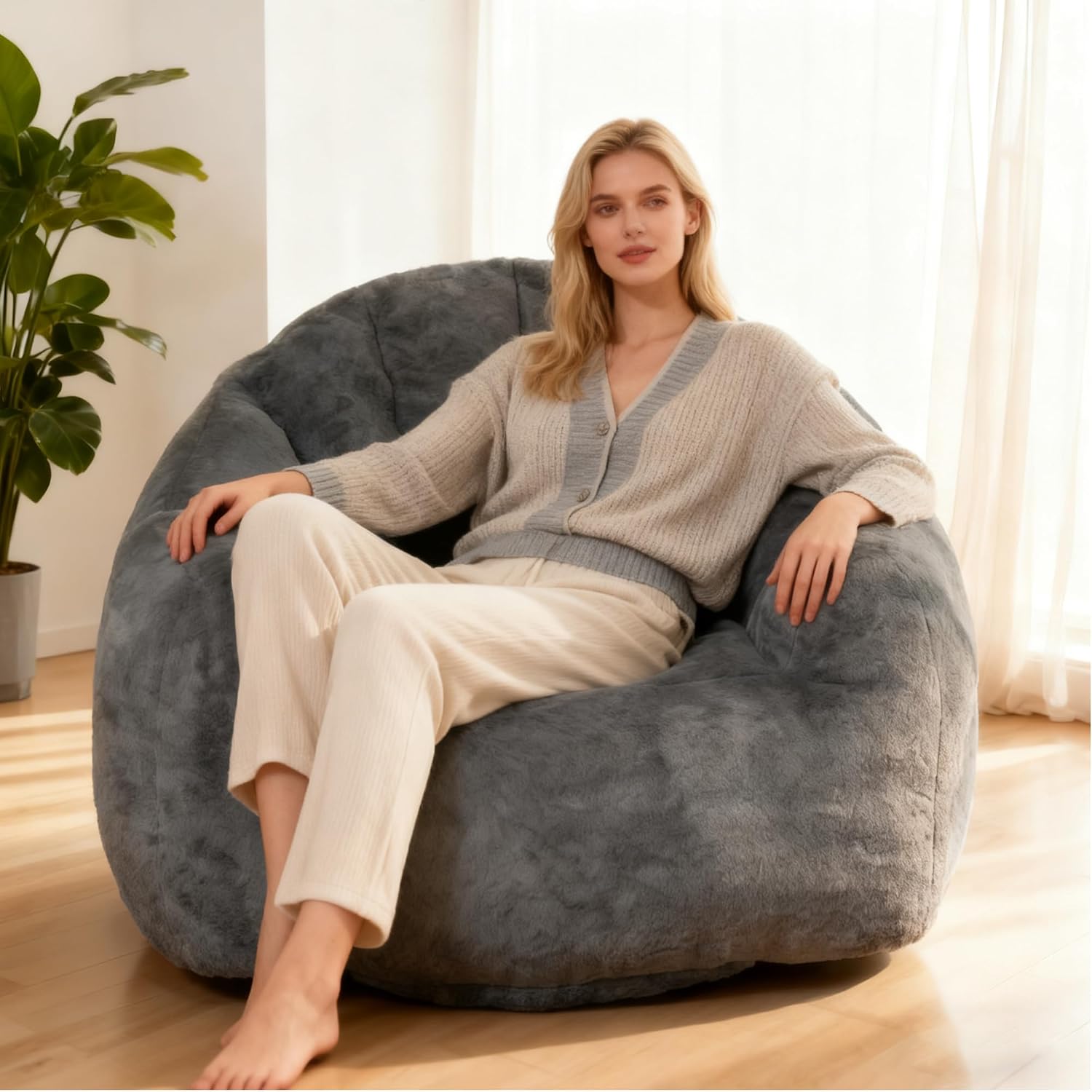 Bean Bag Chair, Giant Beanbag Chiars for Adults, Faux Fur Shell-Shaped Floor Sofa with Filler, Comfy Chair for Reading, Gaming and Relax (Grey)
