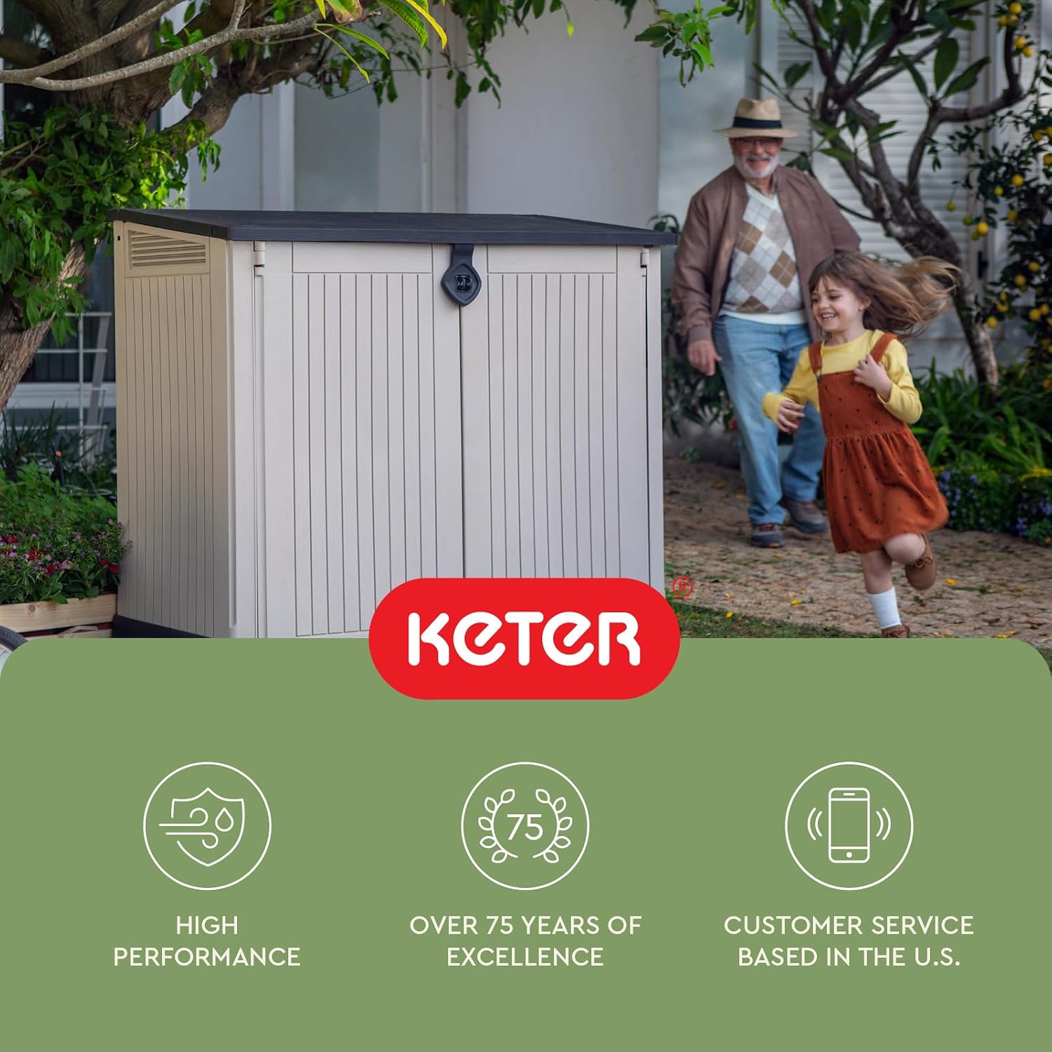 Keter Store-It-Out MIDI Outdoor Resin Storage Shed – Weather-Resistant Horizontal Cabinet for Trash Cans, Garden Tools & Patio Accessories – Lockable, Easy-Lift Lid, 30 Cu. Ft. Capacity, Beige