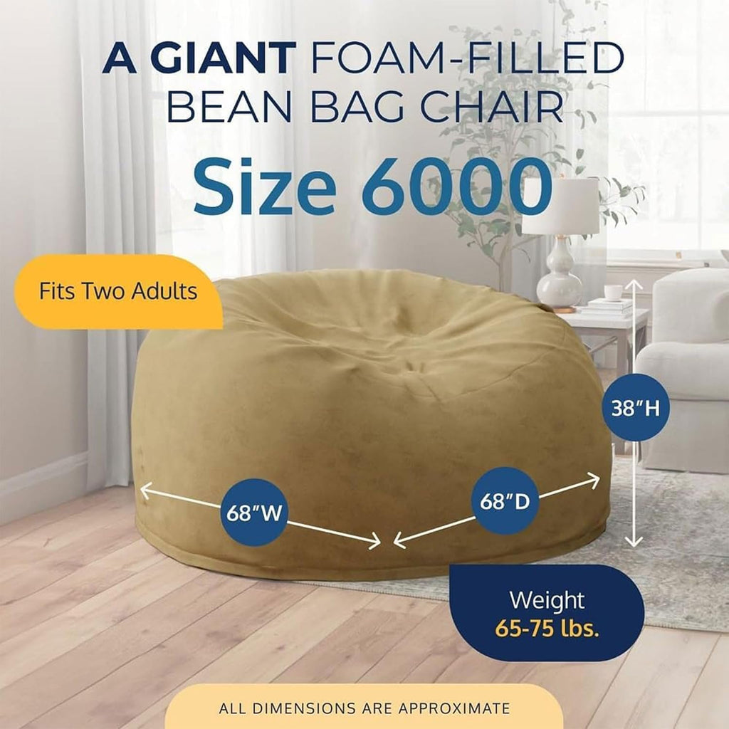 ULTIMATE SACK 6000 6-Foot Bean Bag Chair, Camel Suede Cover – Oversized Foam Lounger, Floor Seat, Small Sofa, or Couch Bed for Living Area, Gaming Room, or Reading Lounge