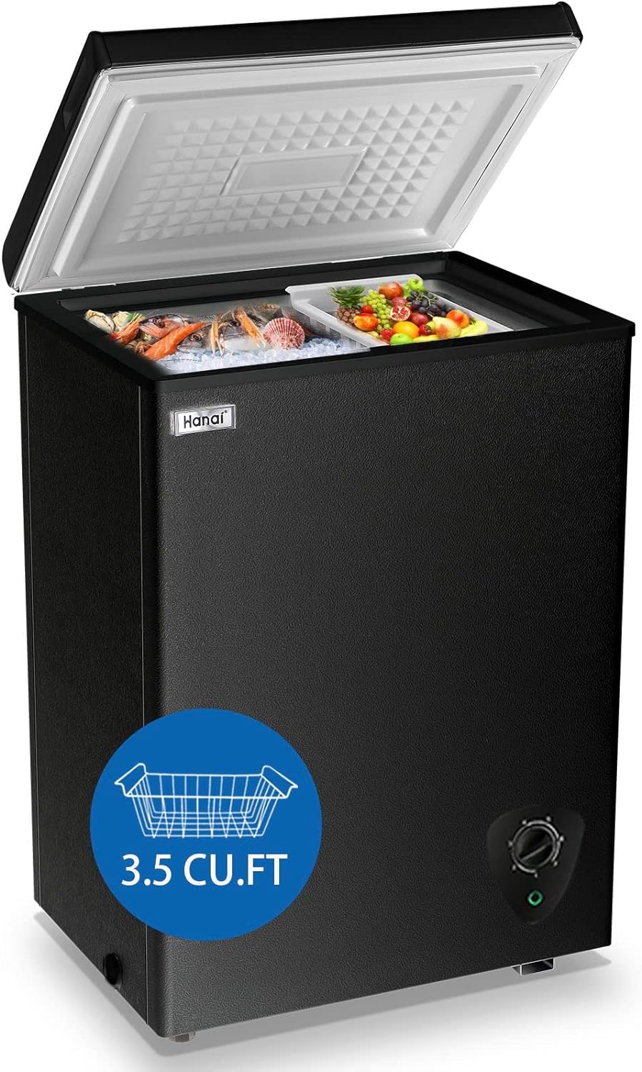 Chest Freezer 3.5 cu.ft Small Deep Freezer Mini Outdoor Black Chest Freezers with 7 Temperature and Removable Basket Settings Ideal for Apartment Office RV Cabin Kitchen