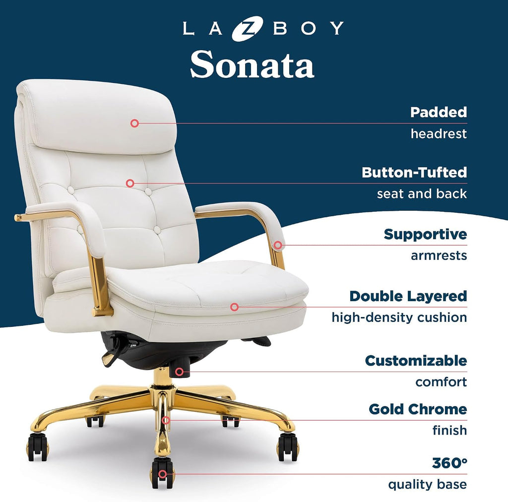 La-Z-Boy Sonata Ergonomic Bonded Leather Swivel Executive Chair, White and Gold (CCHR10014A)