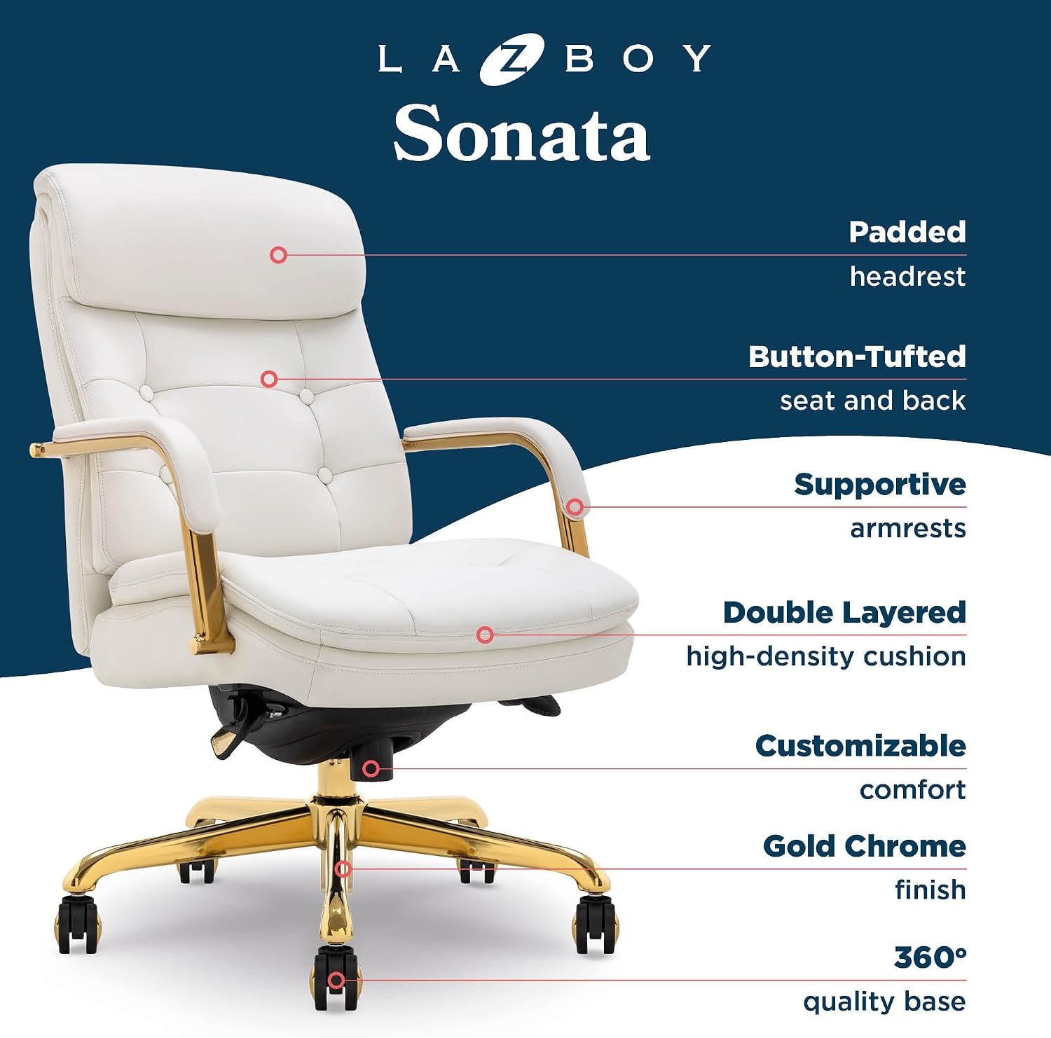 La-Z-Boy Sonata Ergonomic Bonded Leather Swivel Executive Chair, White and Gold (CCHR10014A)