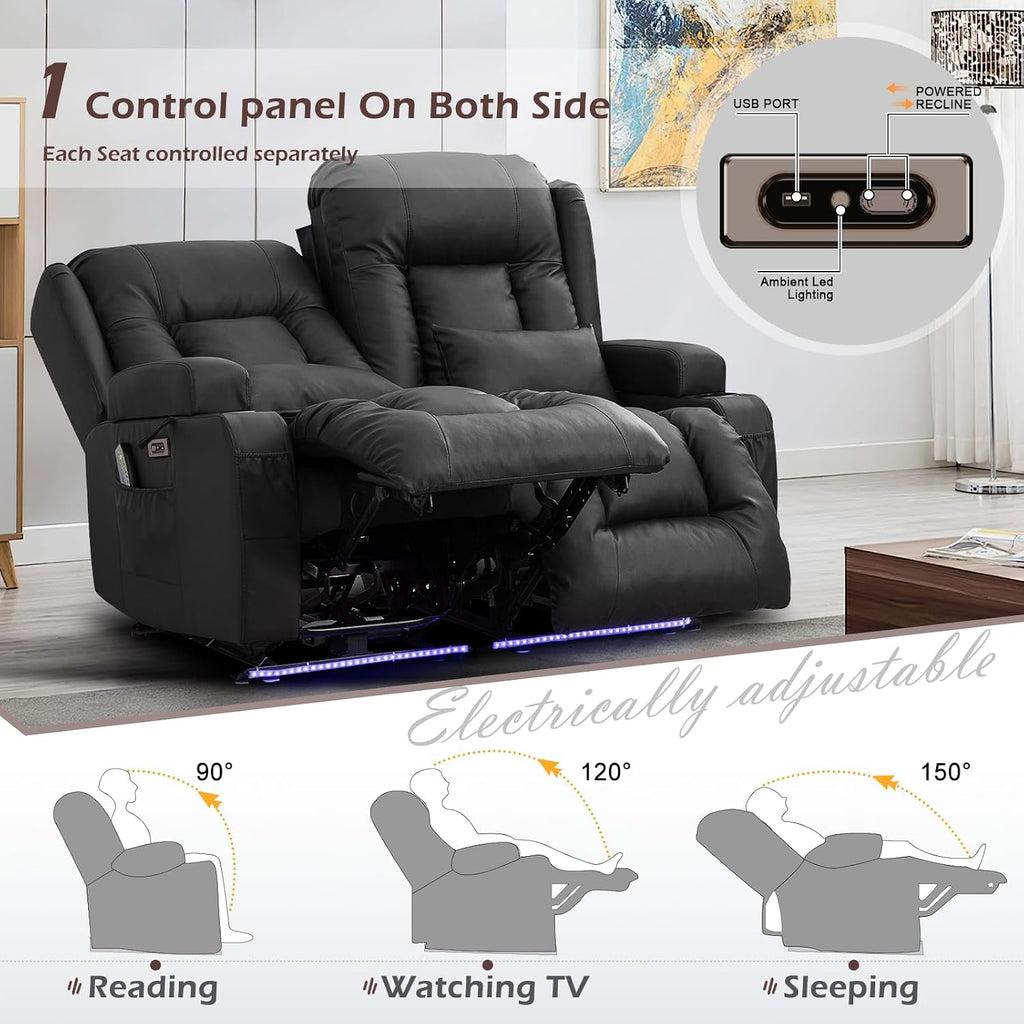 Loveseat Recliner Sofa, Leather Sofa with Massage & Heating, Home Theater Seating Power Reclining Loveseat with LED Light/Cup Holders/Lumbar Pillow (Black, Loveseat)
