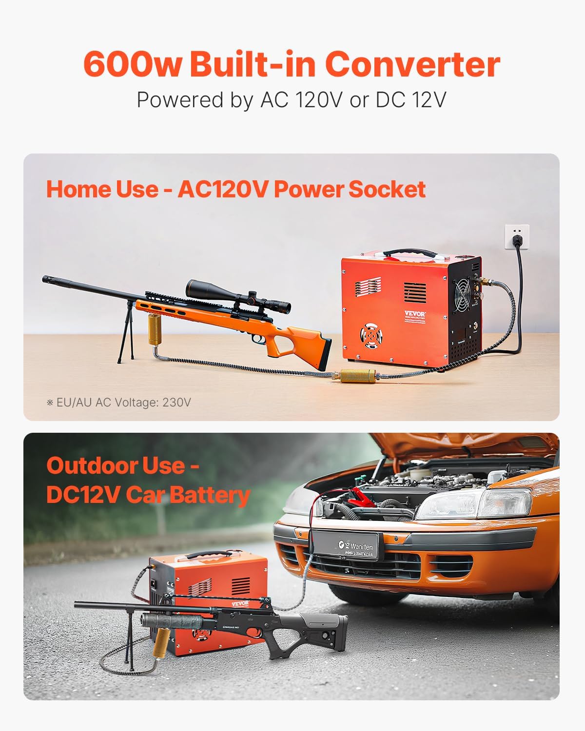 VEVOR PCP Air Compressor, 4500PSI/30Mpa Portable PCP Airgun Compressor with Built-in Converter & Fan Cooling System, DC12V/AC120V Manual-Stop Air Rifle, Paintball and Scuba Tank Compressor Pump