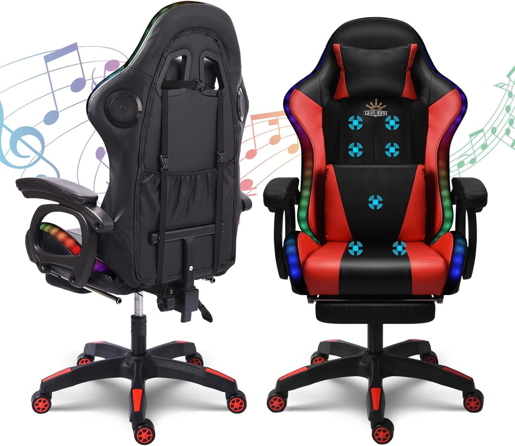 Computer Gaming Chair with Speakers and Massage RGB Video Game Chair Ergonomic Gamer Chair Racing Chair PU Leather High Back Recliner Chair with Lumbar Support Headrest Armrest,Red