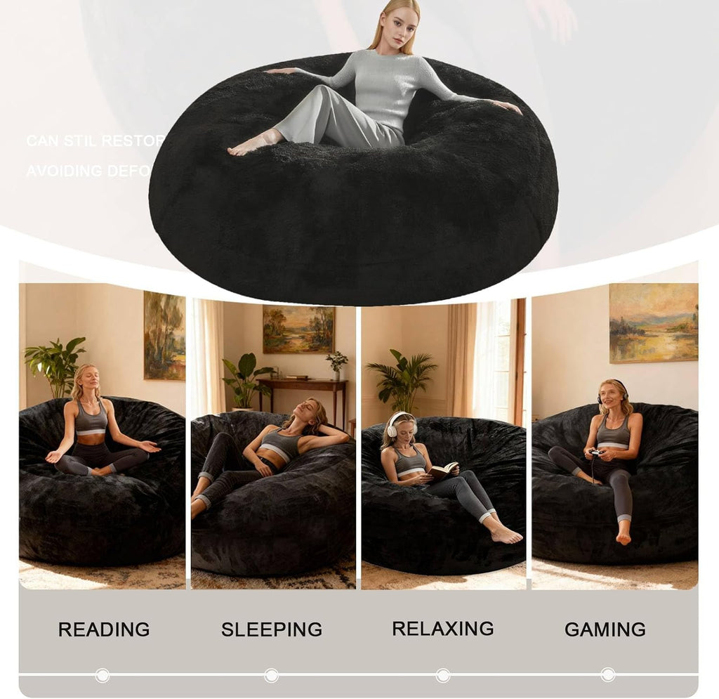 SANAE Oversized Memory Foam Bean Bag Chair for Adults - Corduroy Fabric with Filler, Gaming & Movie Night Furniture, Large Bean Bag Sofa for Living Room/Dorm/Bedroom (Black, 6FT)