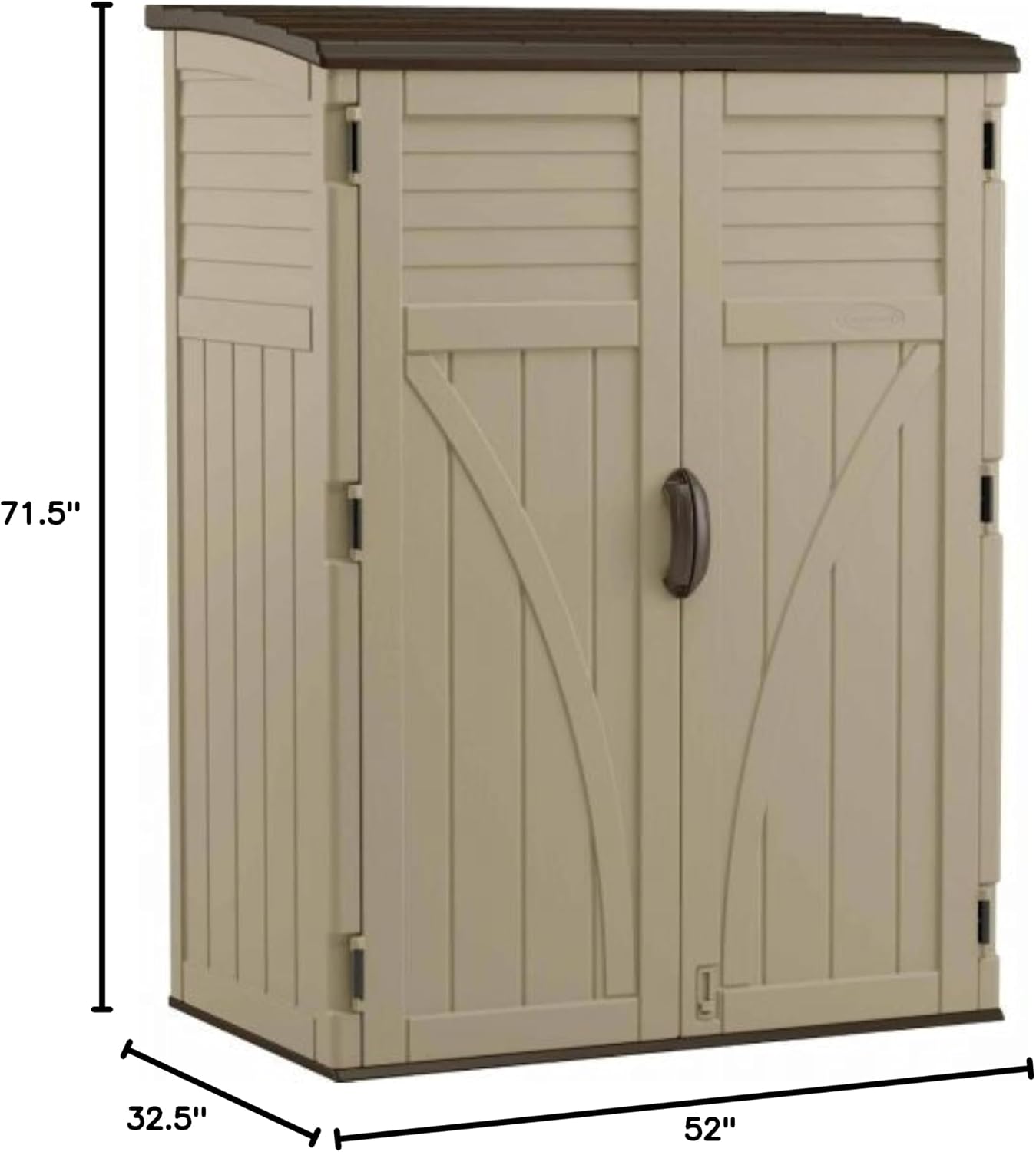 Suncast 54 Cubic Ft. Vertical Resin Outdoor Storage Shed, Sand, 52' x 32.5' x 71.5', Brown & 2' Wall Mount Tool Organizer for Hanging Lawn and Garden Tools, 30 lb. Weight Capacity, Gray