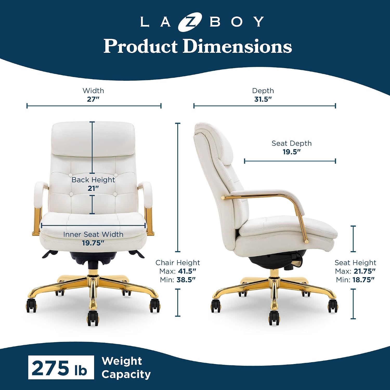 La-Z-Boy Sonata Ergonomic Bonded Leather Swivel Executive Chair, White and Gold (CCHR10014A)