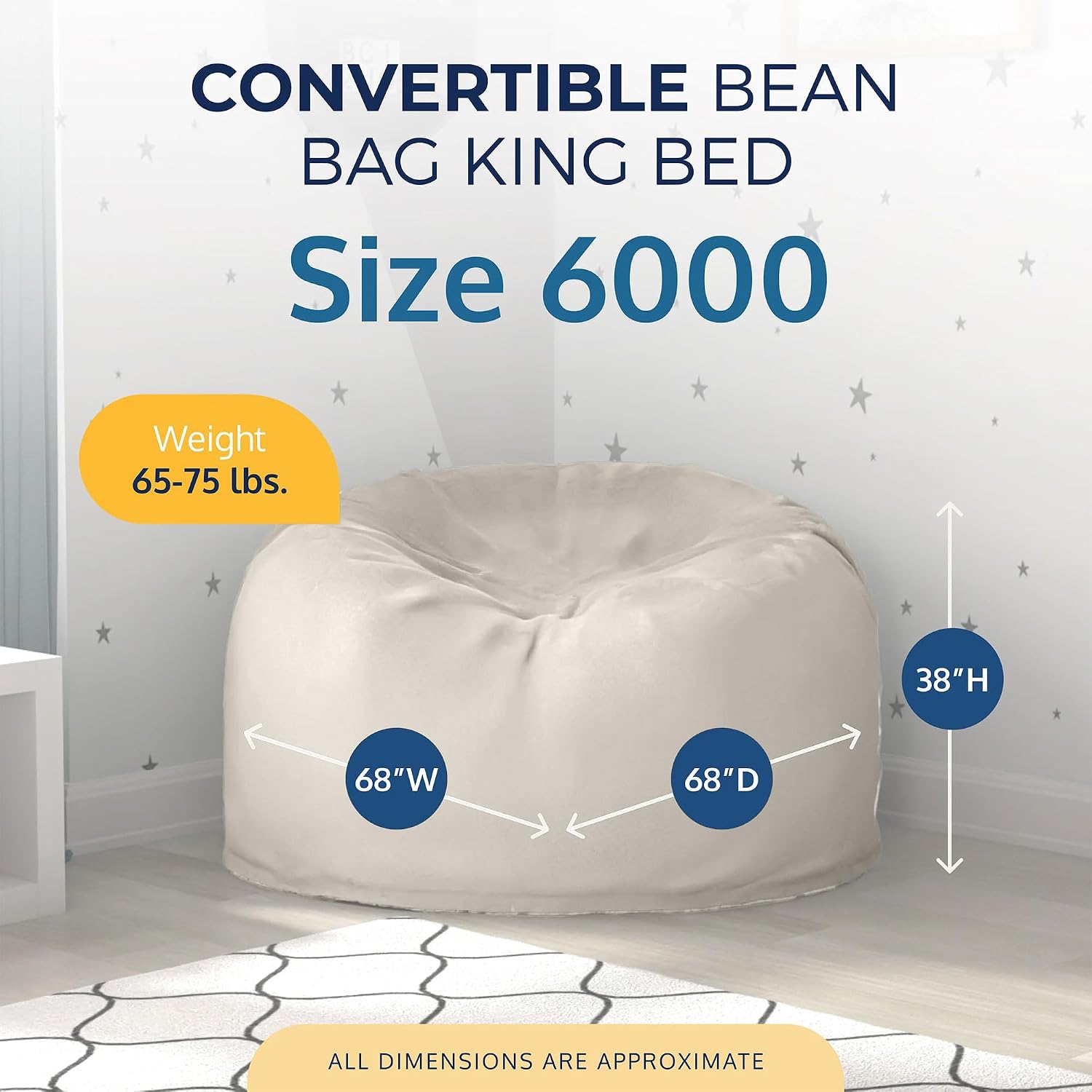 Ultimate Sack 6000 6-Foot Bean Bag Chair, Ivory Fur Cover – Oversized Foam Lounger, Floor Seat, Small Sofa, or Couch Bed for Living Area, Gaming Room, or Reading Lounge