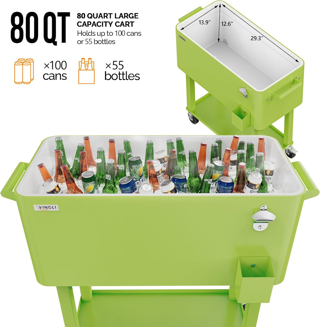 VINGLI 80 Quart Rolling Ice Chest, Portable Patio Party Bar Drink Cooler Cart, with Shelf, Beverage Pool with Bottle Opener Light Green