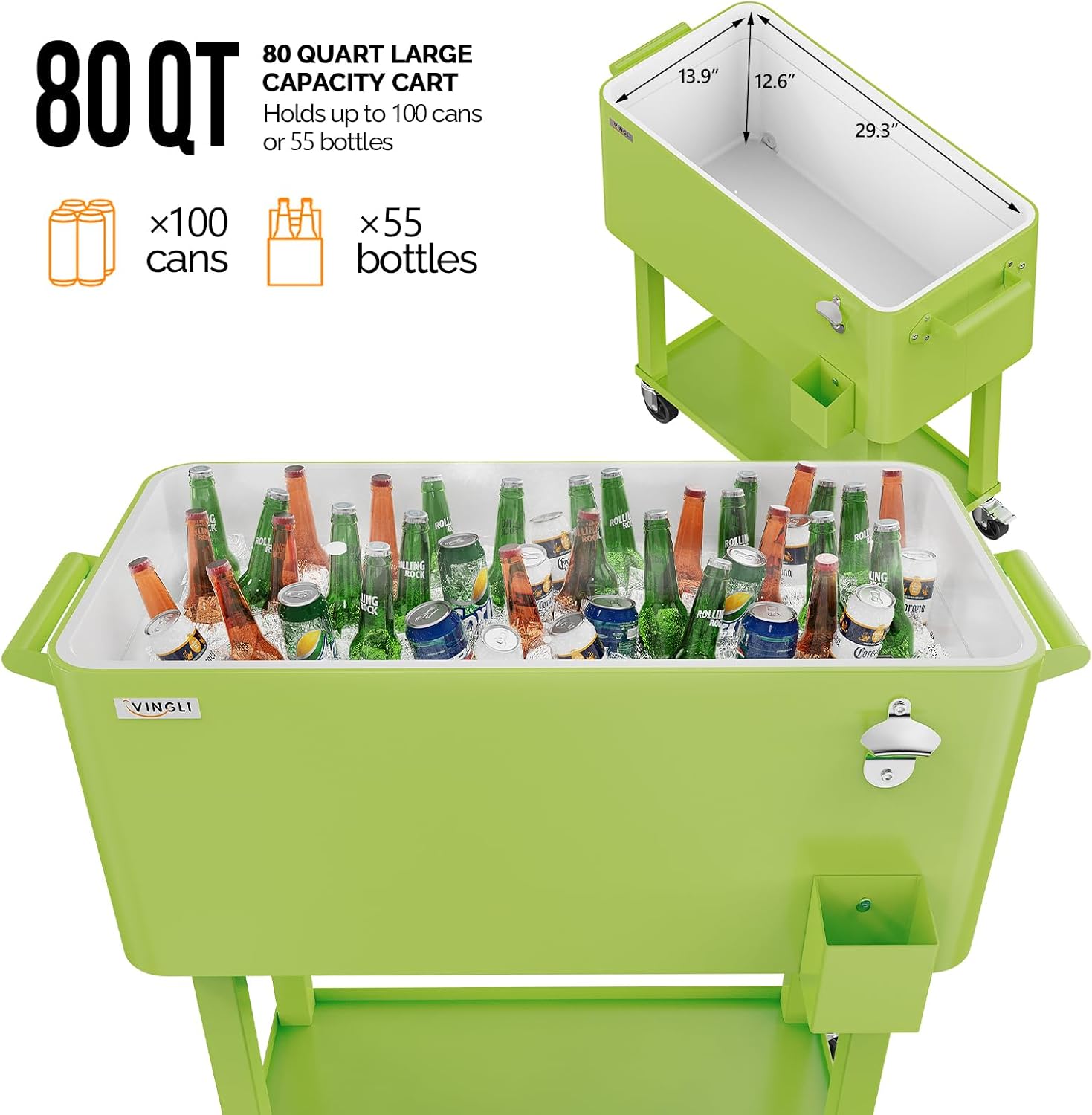 VINGLI 80 Quart Rolling Ice Chest, Portable Patio Party Bar Drink Cooler Cart, with Shelf, Beverage Pool with Bottle Opener Light Green