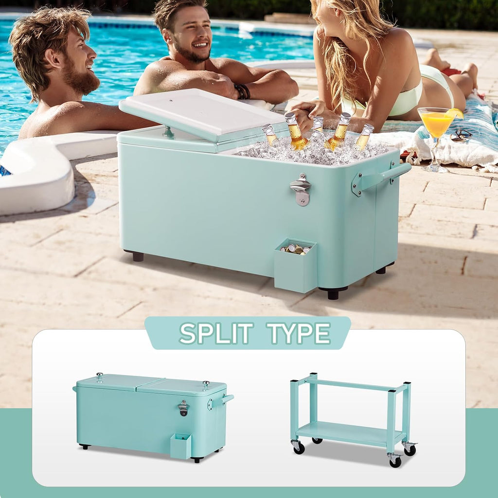 Outvita 80 Quart Rolling Ice Chest, Portable Bar Drink Cooler with Catch Basin, Bottom Storage Tray and Bottle Opener for Patio Party BBQ Beach Activities