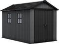 Keter Newton Plus 7.5x11 Ft All-Weather Storage Shed with Skylight, Window, Built-in Ventilation, Customizable Walls, & Lockable Double Doors, Graphite