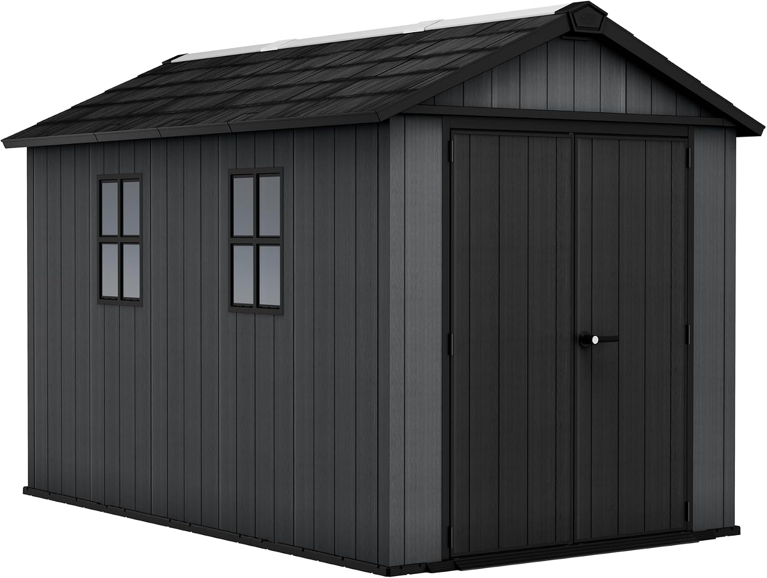 Keter Newton Plus 7.5x11 Ft All-Weather Storage Shed with Skylight, Window, Built-in Ventilation, Customizable Walls, & Lockable Double Doors, Graphite
