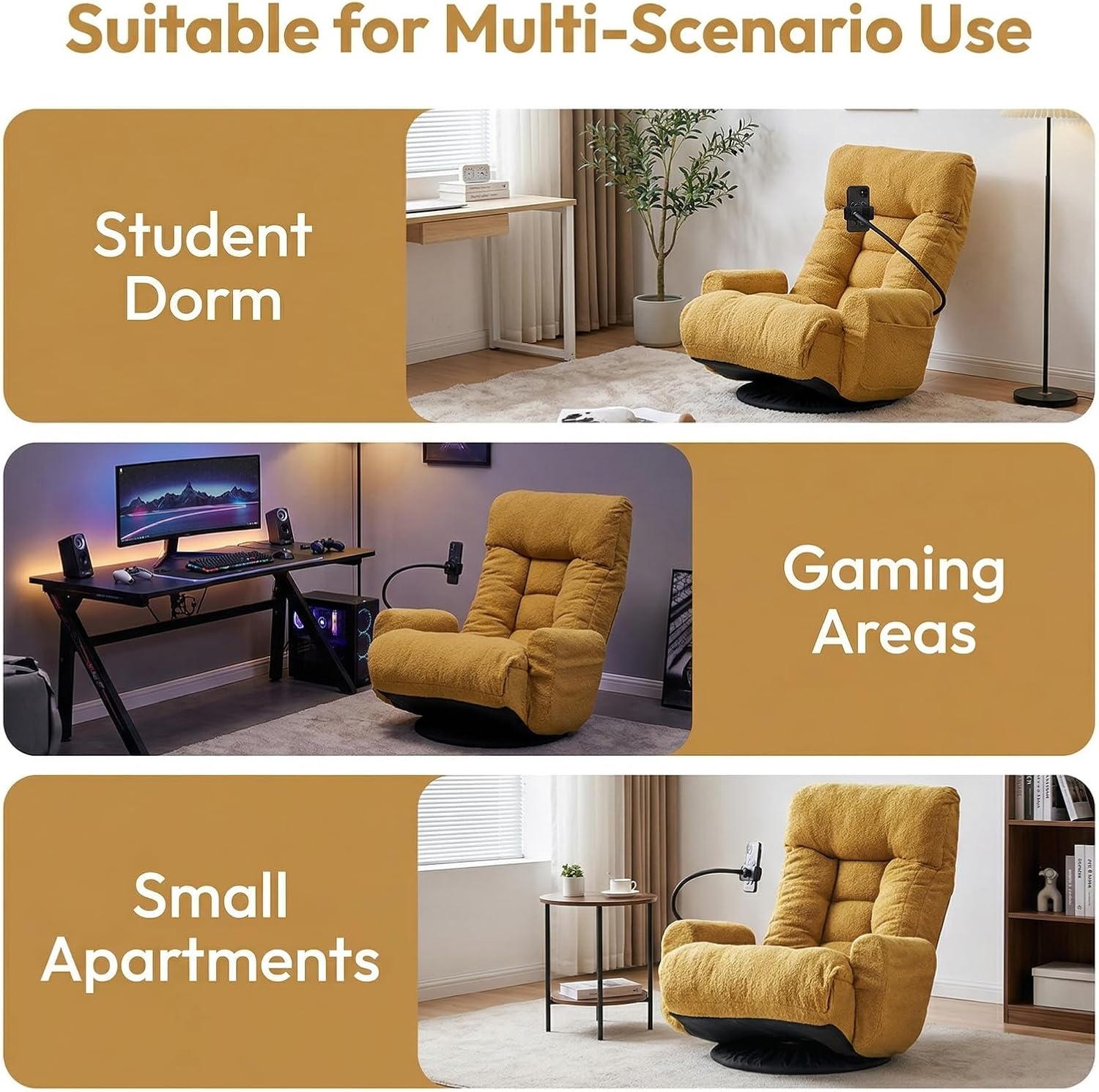 360° Swivel Floor Gaming Chair Yellow Teddy Folding Chaise Lounge Chair Adjustable Comfy Sofa Chair with Armrests, Phone Holder & Padded Cushion, Ideal for Living Room, Bedroom