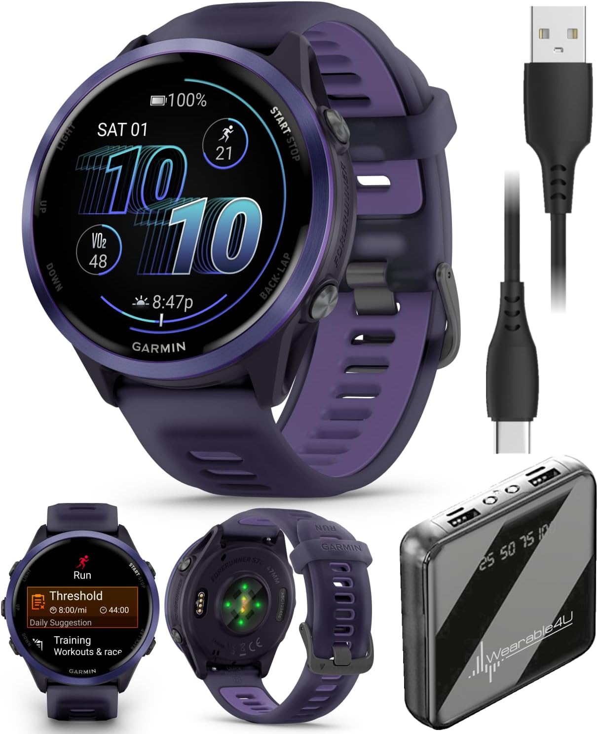 Garmin Forerunner 570 47mm Advanced GPS Running & Triathlon Smartwatch, AMOLED Display, Training & Recovery, Indigo Aluminum w/Translucent Imperial Purple/Indigo Band w/ Wearable4U PowerBank Bundle