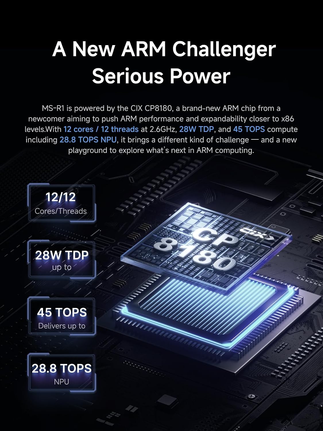 MINISFORUM ARM Mini Workstation Supporting UEFI Boot, Built-in ARM-Based CPU CP8180(12 C/12T, 2.6GHz, 45 Tops), 64GB LPDDR5 5500MHz RAM ECC Supported, M.2 SSD Slot, Dual 10G LAN,WiFi 6e/BT5.3