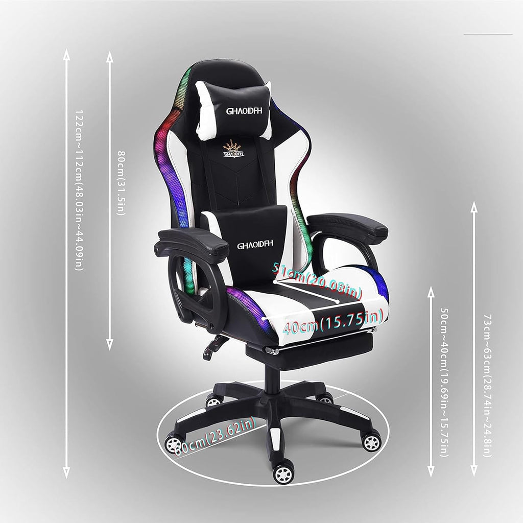 Video Gaming Chair with Footrest,Game Chair with Bluetooth Speakers,Computer Chair with LED Lights,Ergonomic Massage Gaming Chair with Massage Function,360°Swivel 90°-135° Adjustment Backrest (White)
