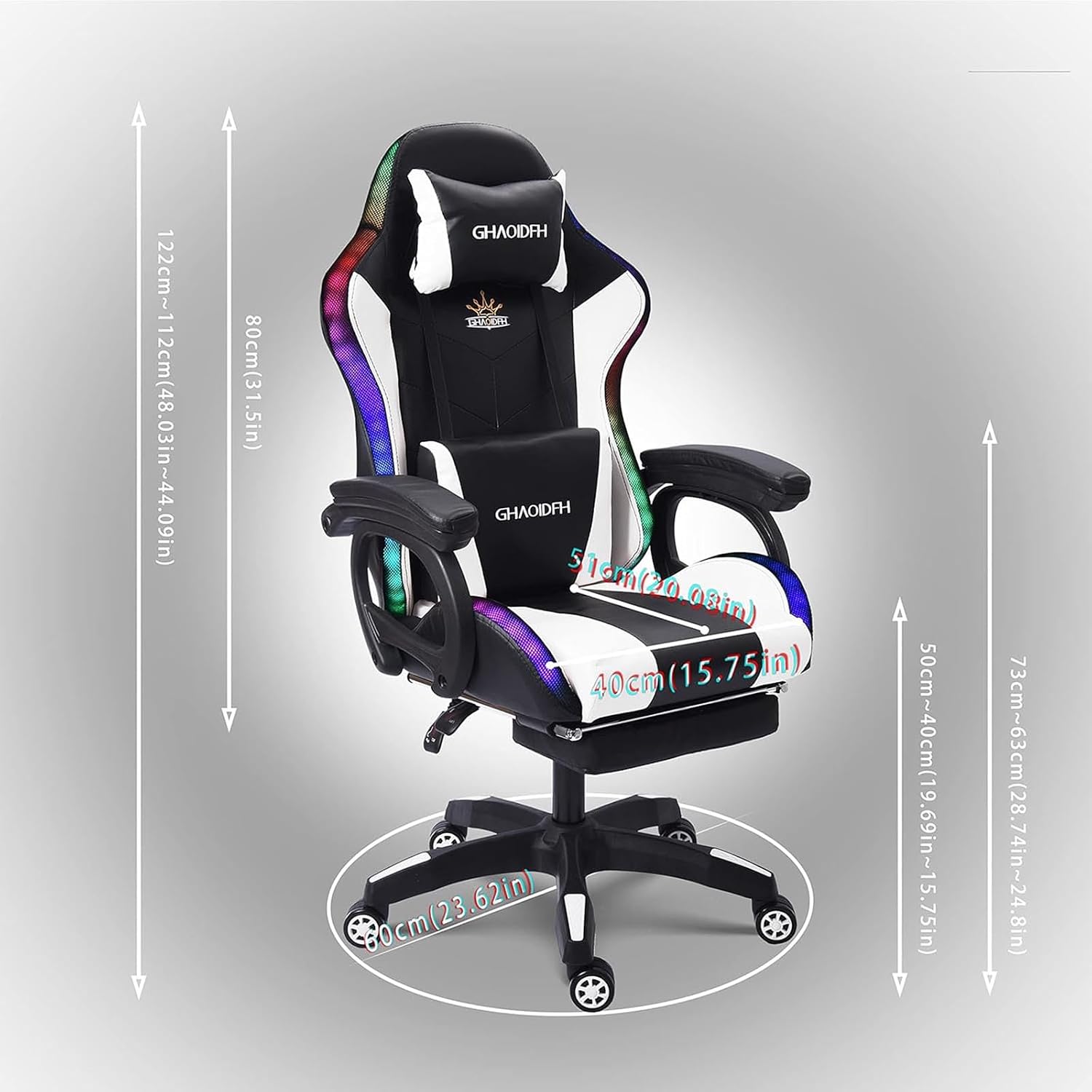 Video Gaming Chair with Footrest,Game Chair with Bluetooth Speakers,Computer Chair with LED Lights,Ergonomic Massage Gaming Chair with Massage Function,360°Swivel 90°-135° Adjustment Backrest (White)