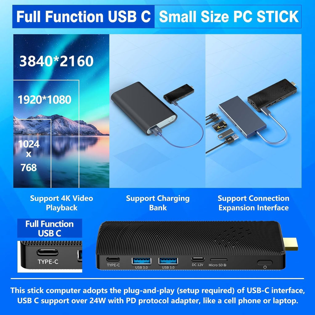 Mini PC Stick Fanless, Celeron J4105, 8GB RAM 128GB Storage, Micro Computer Stick Supports 4K 60HZ HDMI, USB PD3.0, Gigabit Ethernet, Wi-Fi 5 on Business, Industrial, Office, Media, Video